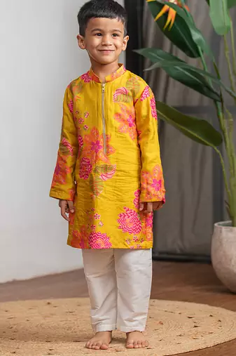 Mustard yellow printed pure muslin silk kurta set