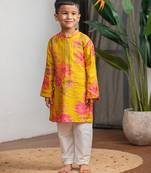 Mustard yellow printed pure muslin silk kurta set