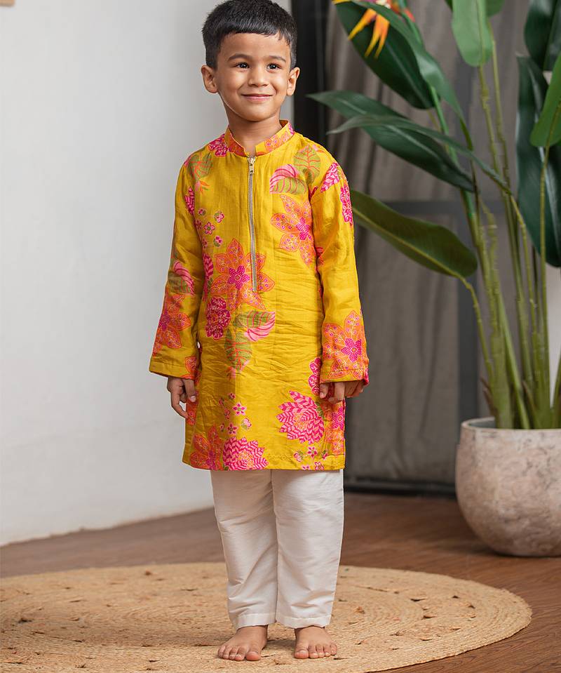 Mustard yellow printed pure muslin silk kurta set