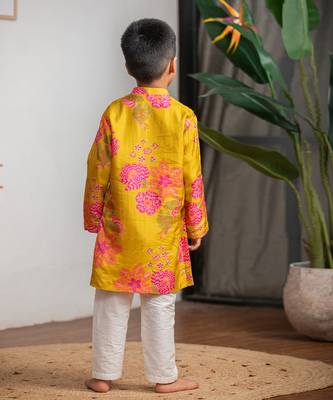 Mustard yellow printed pure muslin silk kurta set 2