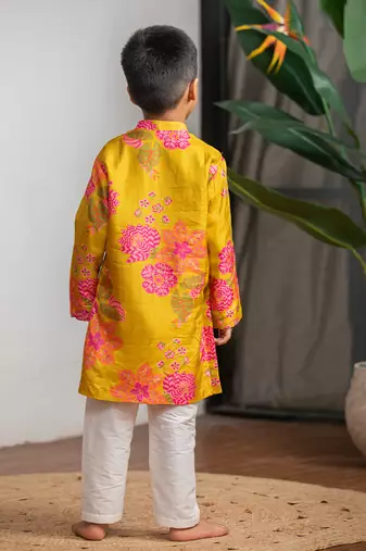 Mustard yellow printed pure muslin silk kurta set
