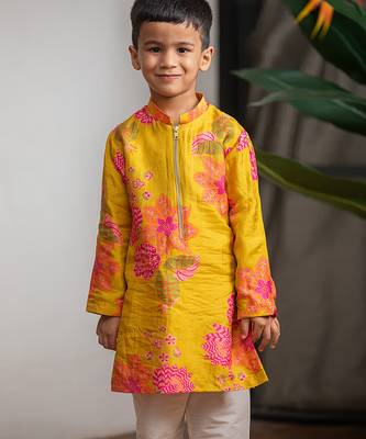 Mustard yellow printed pure muslin silk kurta set 3