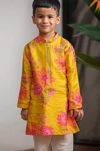Mustard yellow printed pure muslin silk kurta set