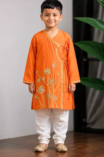 Orange embroidered dola silk angrakha kurta set