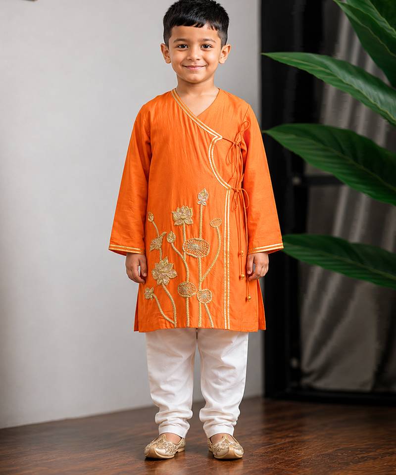 Orange embroidered dola silk angrakha kurta set