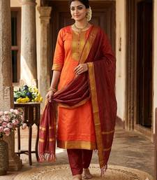 Orange woven jacquard straight kurti dupatta with pant