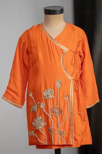 Orange embroidered dola silk angrakha kurta set