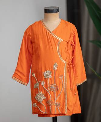Orange embroidered dola silk angrakha kurta set 5