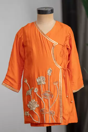Orange embroidered dola silk angrakha kurta set