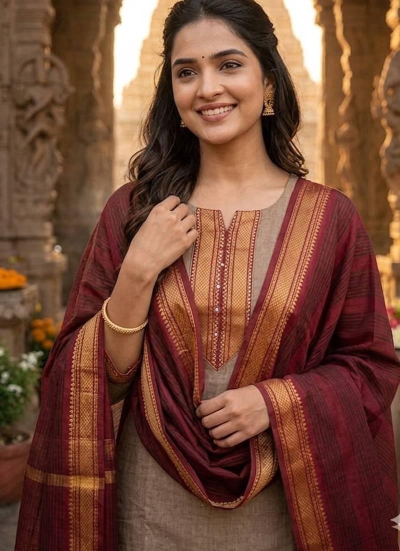 Coffee woven jacquard straight kurti dupatta with pant