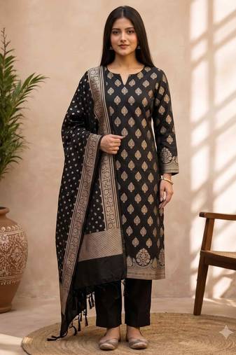 black silk blend 3pcs unstiched dress material with floral boota zari work .