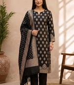 black silk blend 3pcs unstiched dress material with floral boota zari work .