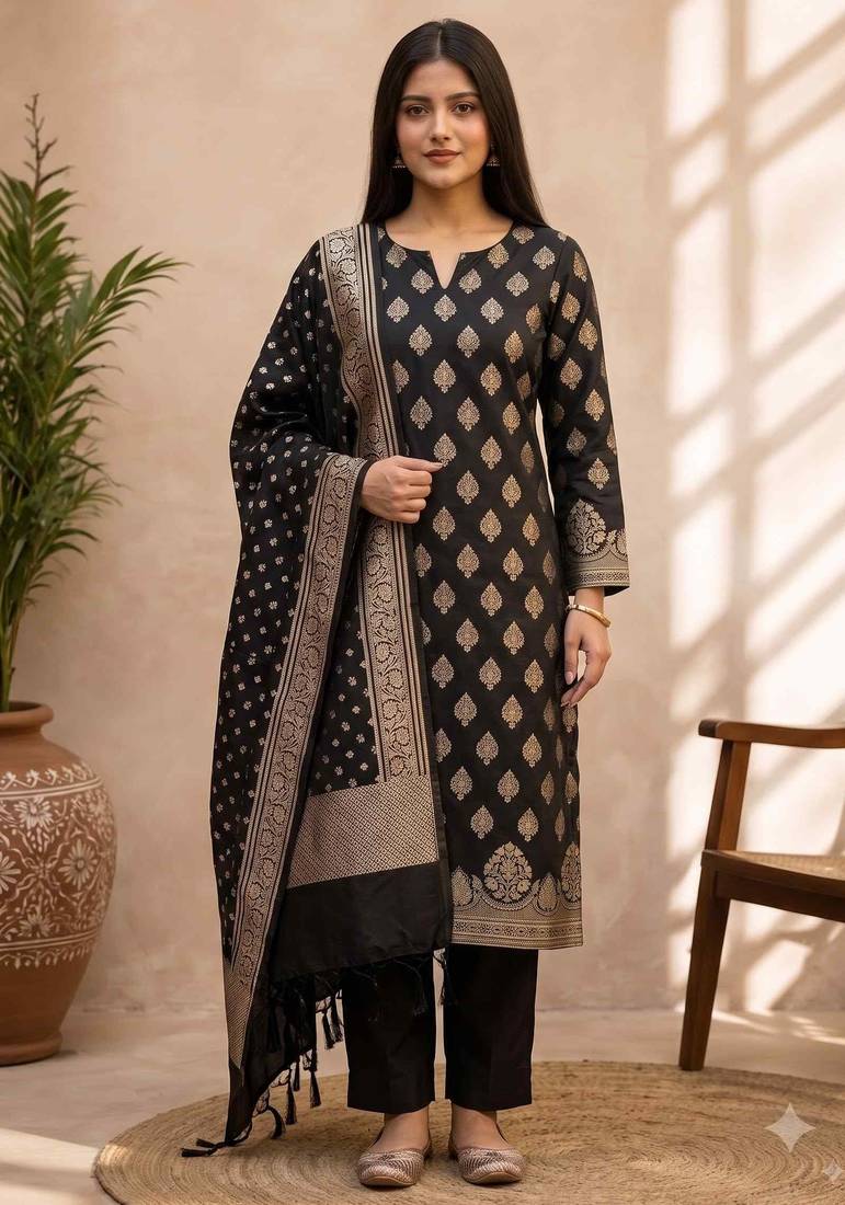 black silk blend 3pcs unstiched dress material with floral boota zari work .