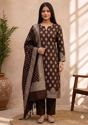 brown silk blend 3pcs unstiched dress material with floral boota zari work . 1