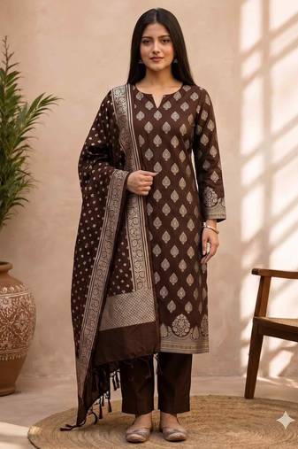 brown silk blend 3pcs unstiched dress material with floral boota zari work .