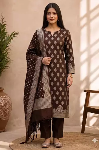 brown silk blend 3pcs unstiched dress material with floral boota zari work .