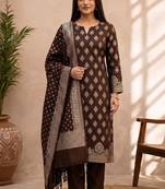 brown silk blend 3pcs unstiched dress material with floral boota zari work .
