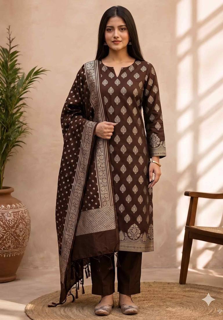 brown silk blend 3pcs unstiched dress material with floral boota zari work .
