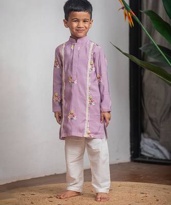 Purple embroidered chanderi kurta set 1