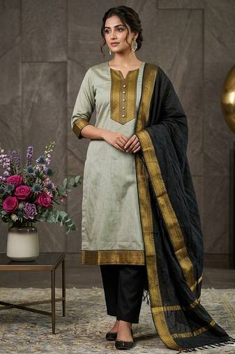 Cream woven jacquard straight kurti dupatta with pant
