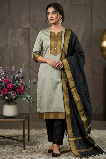 Cream woven jacquard straight kurti dupatta with pant