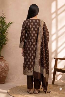 brown silk blend 3pcs unstiched dress material with floral boota zari work . 2