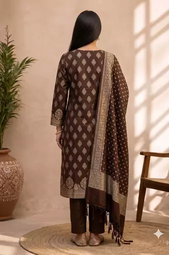 brown silk blend 3pcs unstiched dress material with floral boota zari work .