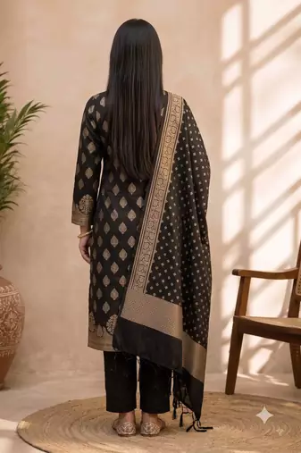 black silk blend 3pcs unstiched dress material with floral boota zari work .