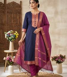 Blue woven jacquard straight kurti dupatta with pant