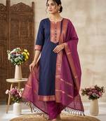 Blue woven jacquard straight kurti dupatta with pant
