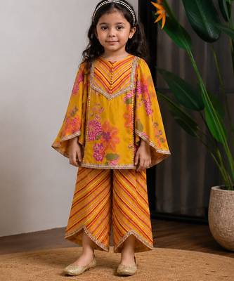 Mustard yellow printed dola silk kurti co ord set 1