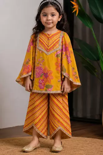 Mustard yellow printed dola silk kurti co ord set