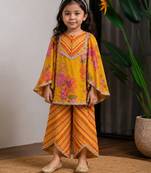 Mustard yellow printed dola silk kurti co ord set