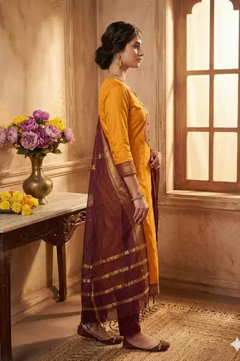 Gold woven jacquard straight kurti dupatta with pant
