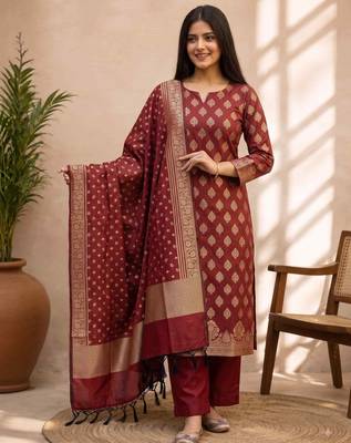 maroon silk blend 3pcs Unstitched dress material with floral boota zari work . 1