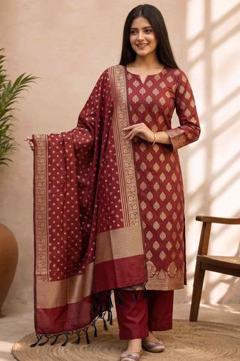 maroon silk blend 3pcs Unstitched dress material with floral boota zari work .