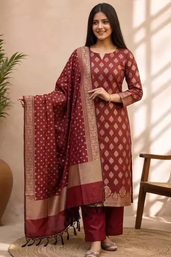 maroon silk blend 3pcs Unstitched dress material with floral boota zari work .