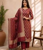 maroon silk blend 3pcs Unstitched dress material with floral boota zari work .