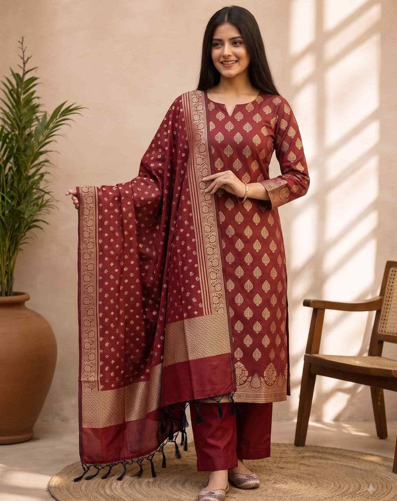 maroon silk blend 3pcs Unstitched dress material with floral boota zari work .