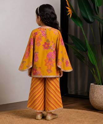 Mustard yellow printed dola silk kurti co ord set 2