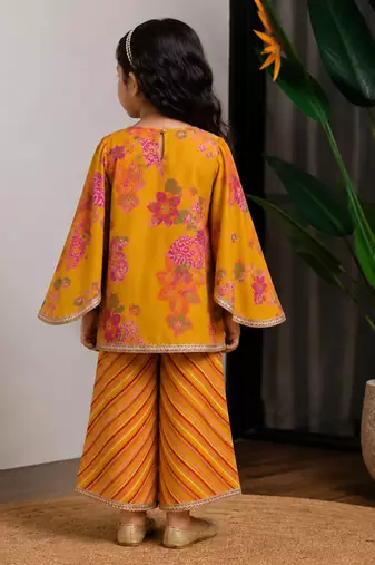 Mustard yellow printed dola silk kurti co ord set