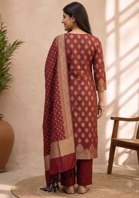 maroon silk blend 3pcs Unstitched dress material with floral boota zari work . 2