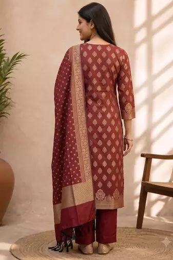 maroon silk blend 3pcs Unstitched dress material with floral boota zari work .