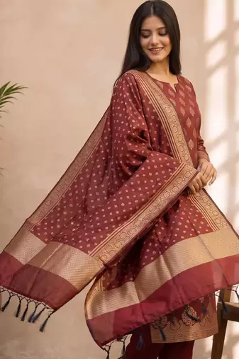 maroon silk blend 3pcs Unstitched dress material with floral boota zari work .