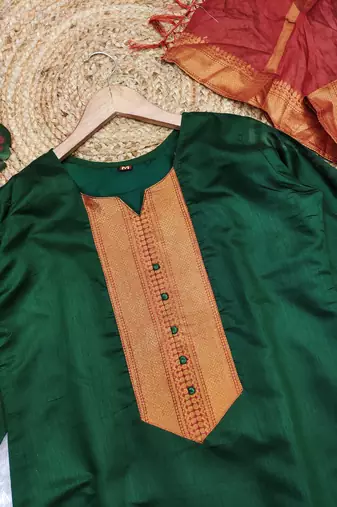 Green woven jaquard straight kurti dupatta with pant