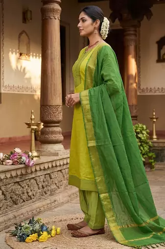Lemon yellow woven jacquard straight kurti dupatta with pant
