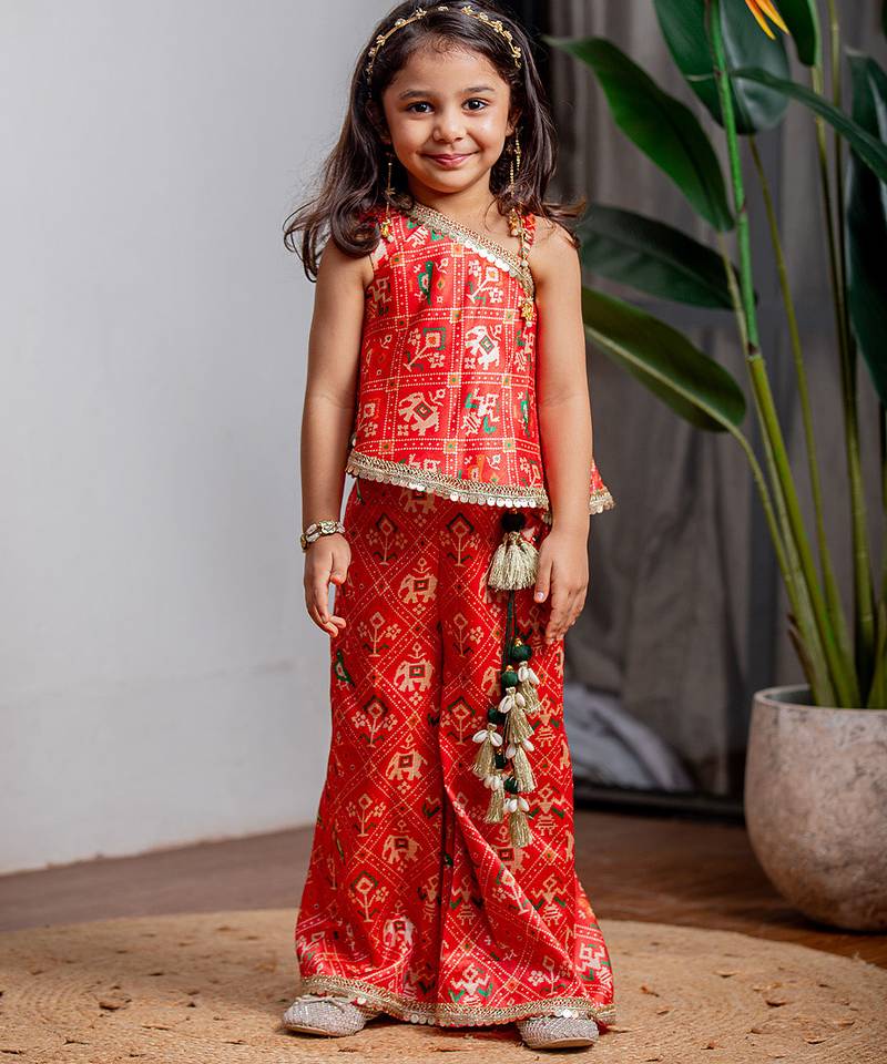 Red printed zarna silk kurti co ord set