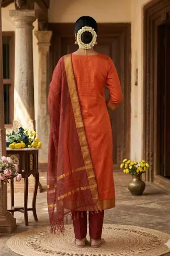 Orange woven jacquard straight kurti dupatta with pant