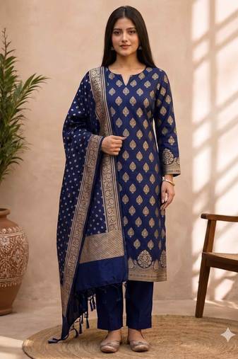 navy blue silk blend 3pcs unstiched dress material with floral boota zari work .