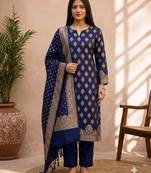 navy blue silk blend 3pcs unstiched dress material with floral boota zari work .